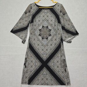 Enfocus Studio Women's Black Tan White Paisley Print Bell Sleeve Dress Size 12